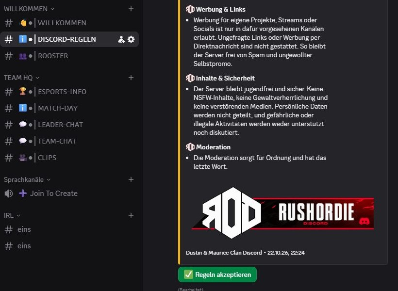 RoD-Discord mit den Kategorien Willkommen, Team HQ und Sprachkanäle sowie dem Regelwerk mit dem Button Regeln akzeptieren