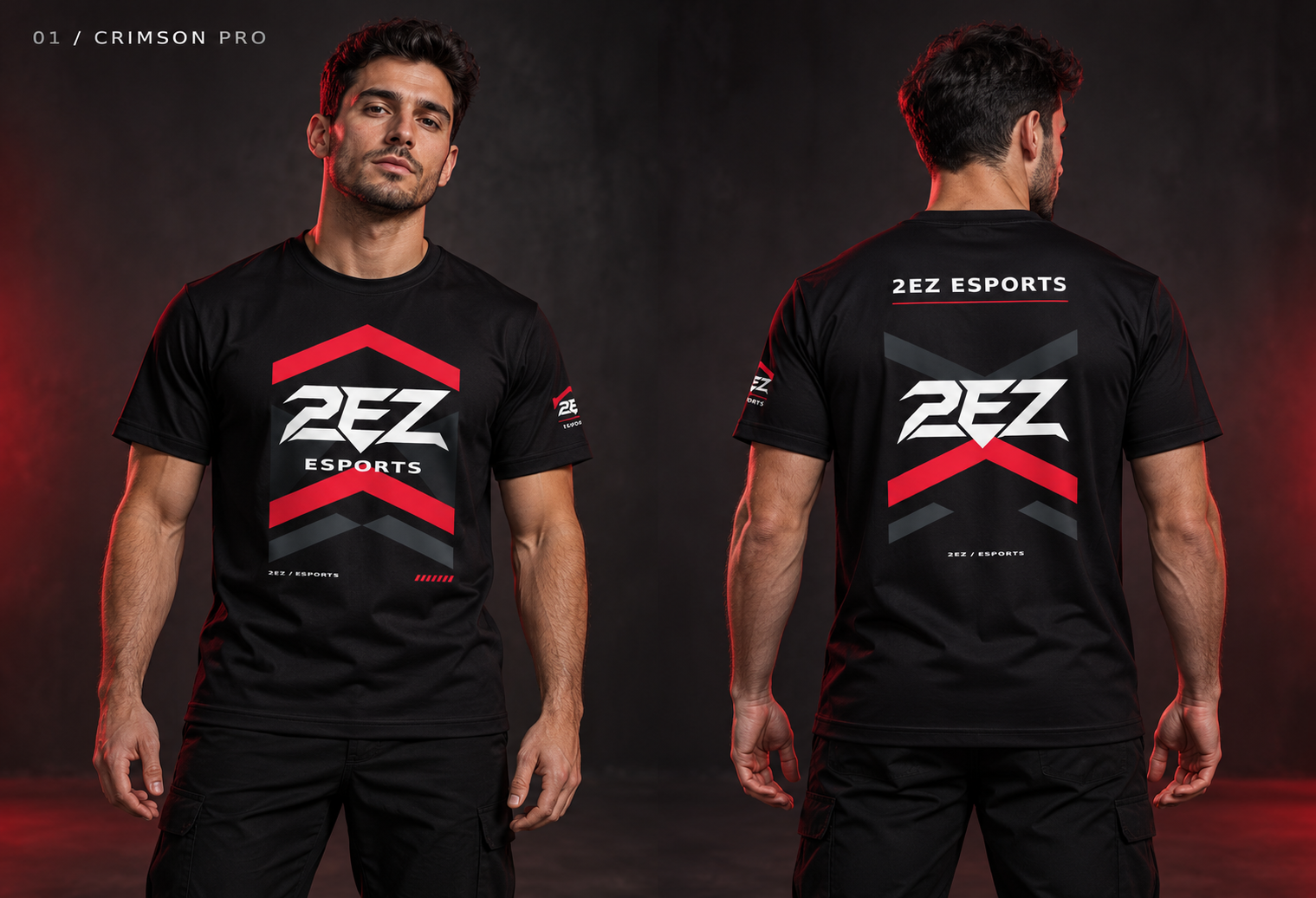 2EZ Crimson Pro – Merch-Konzept in Vorder- und Rückansicht