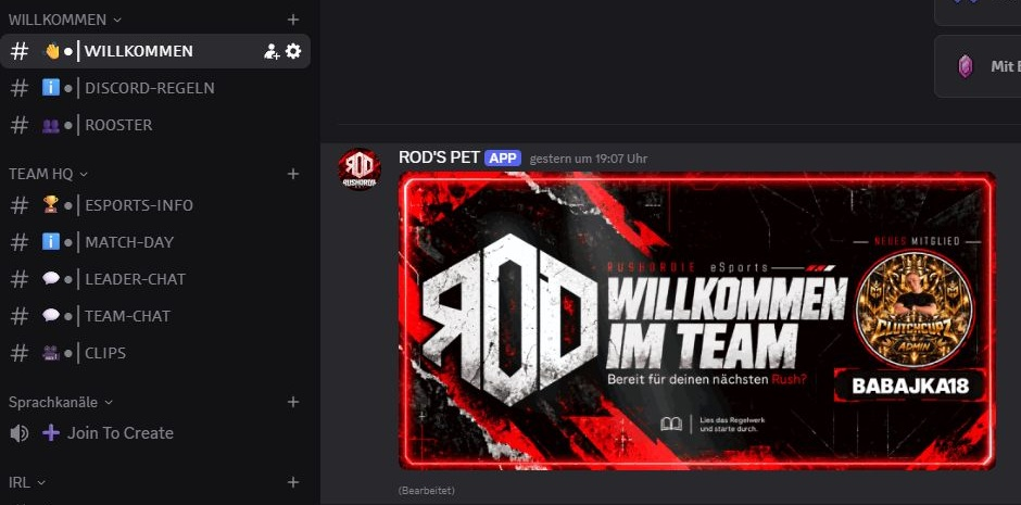 Echter Screenshot des RoD-Discords mit geordneten Channels und der roten RUSHORDIE-Willkommenskarte